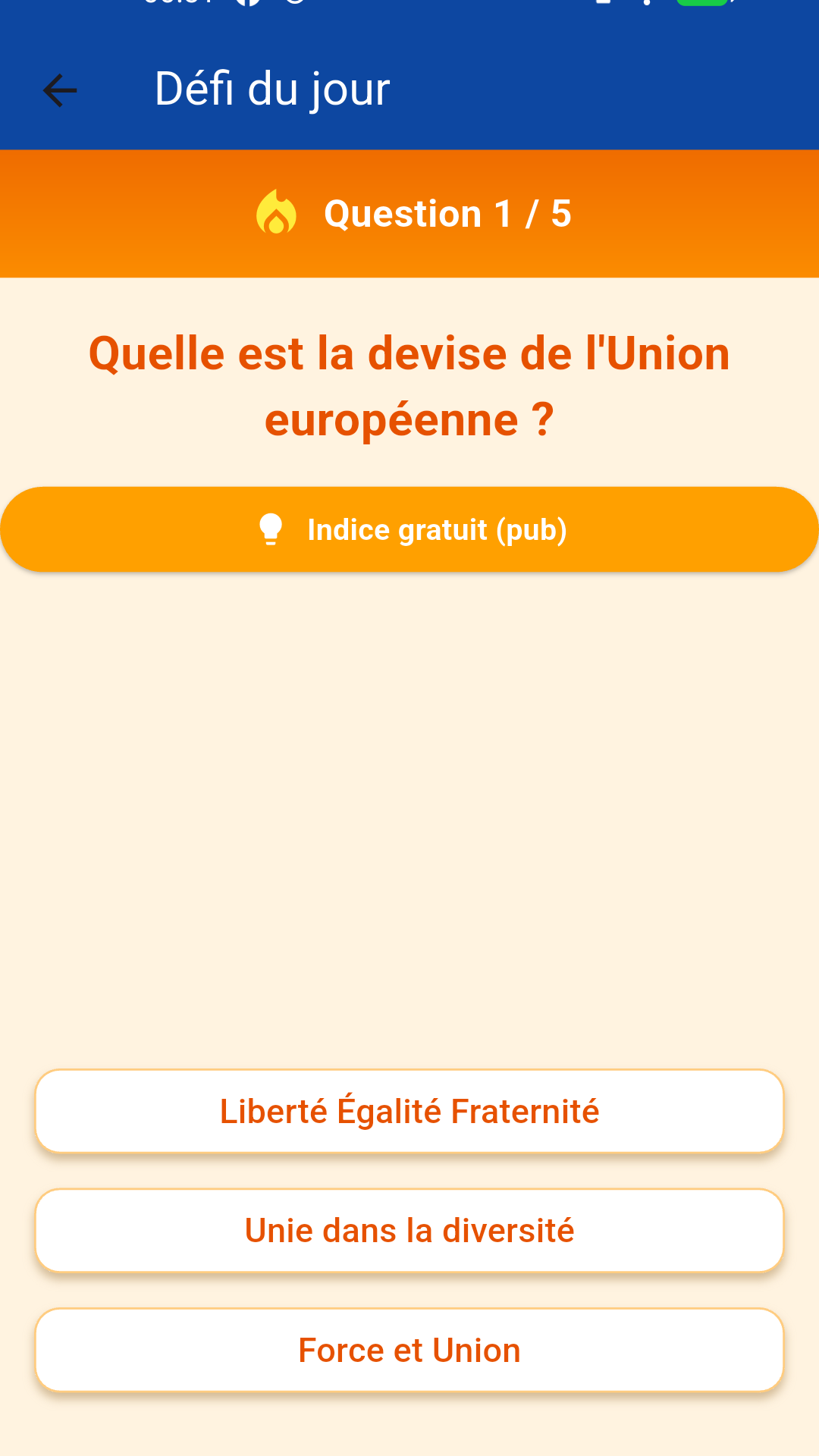 Défi du jour dans l'application - une série de questions quotidienne avec bonus d'XP, ici la devise de l'Union européenne