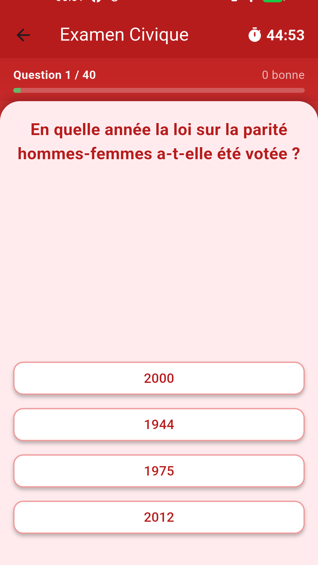Examen blanc chronométré dans l'application Esprit Français - 40 questions en 45 minutes, dans les conditions du jour de l'examen civique