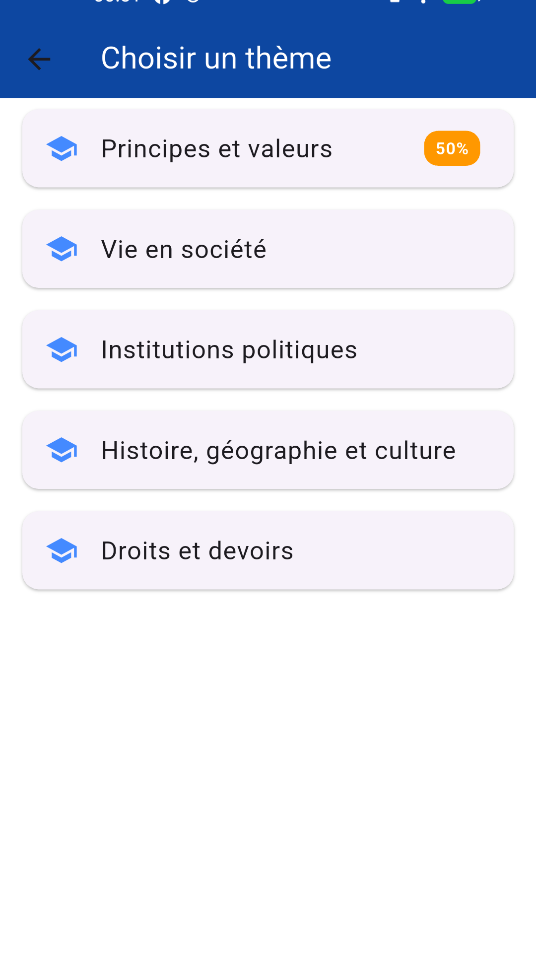 Choix du thème de révision dans l'application - principes et valeurs, vie en société, institutions, histoire, droits et devoirs