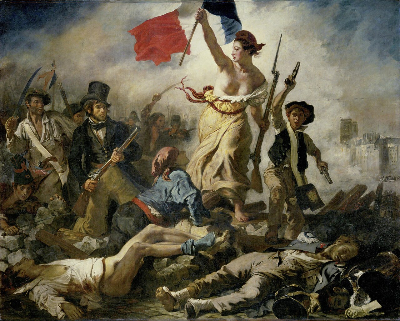 La Liberté guidant le peuple, tableau d'Eugène Delacroix de 1830, allégorie de la République française tenant le drapeau tricolore