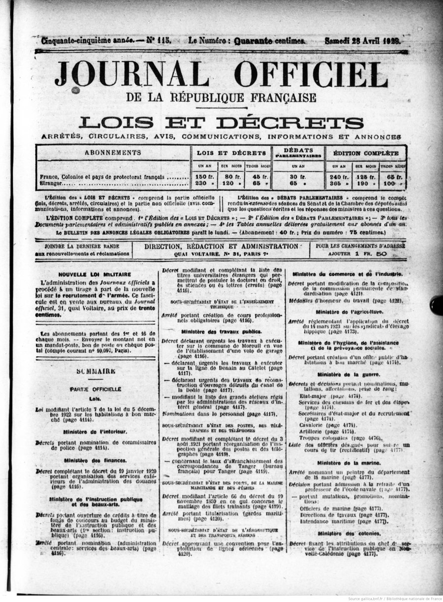 Une du Journal officiel de la République française de 1923, publication où paraissent les décrets de naturalisation depuis 1924