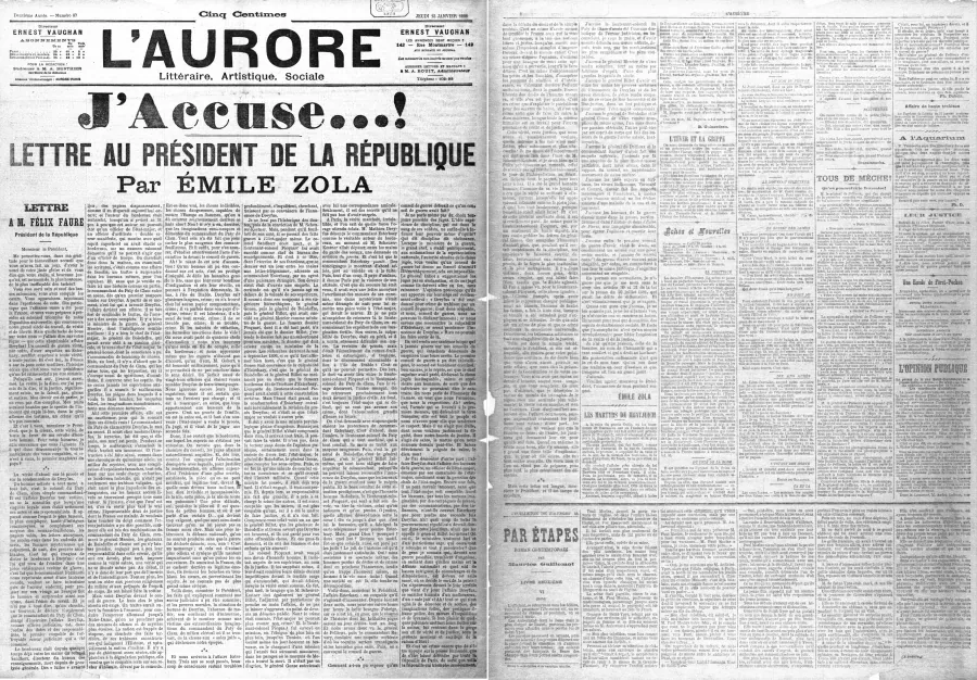 Une du journal L'Aurore du 13 janvier 1898 avec le titre J'accuse d'Émile Zola, symbole de la liberté de la presse en France