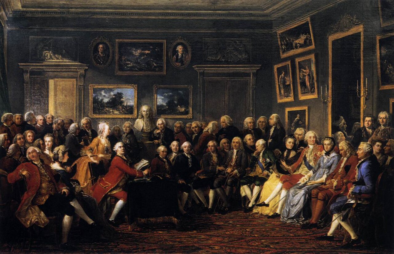 Peinture d'un salon littéraire du XVIIIe siècle réunissant les philosophes des Lumières autour d'un buste de Voltaire