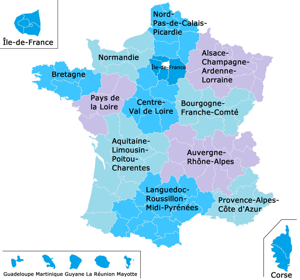 Carte de France montrant les 13 régions métropolitaines découpées en 96 départements avec leurs numéros pour l'examen civique de naturalisation